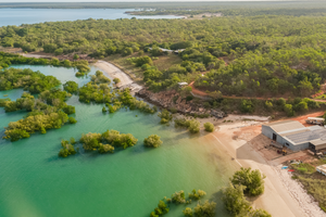 Aerial photo of our Cygnet Bay Pearl Farm. The beautiful turquoise waters amongst the lush green mangroves that provide the perfect environment for our Australian South Sea pearls to grow.