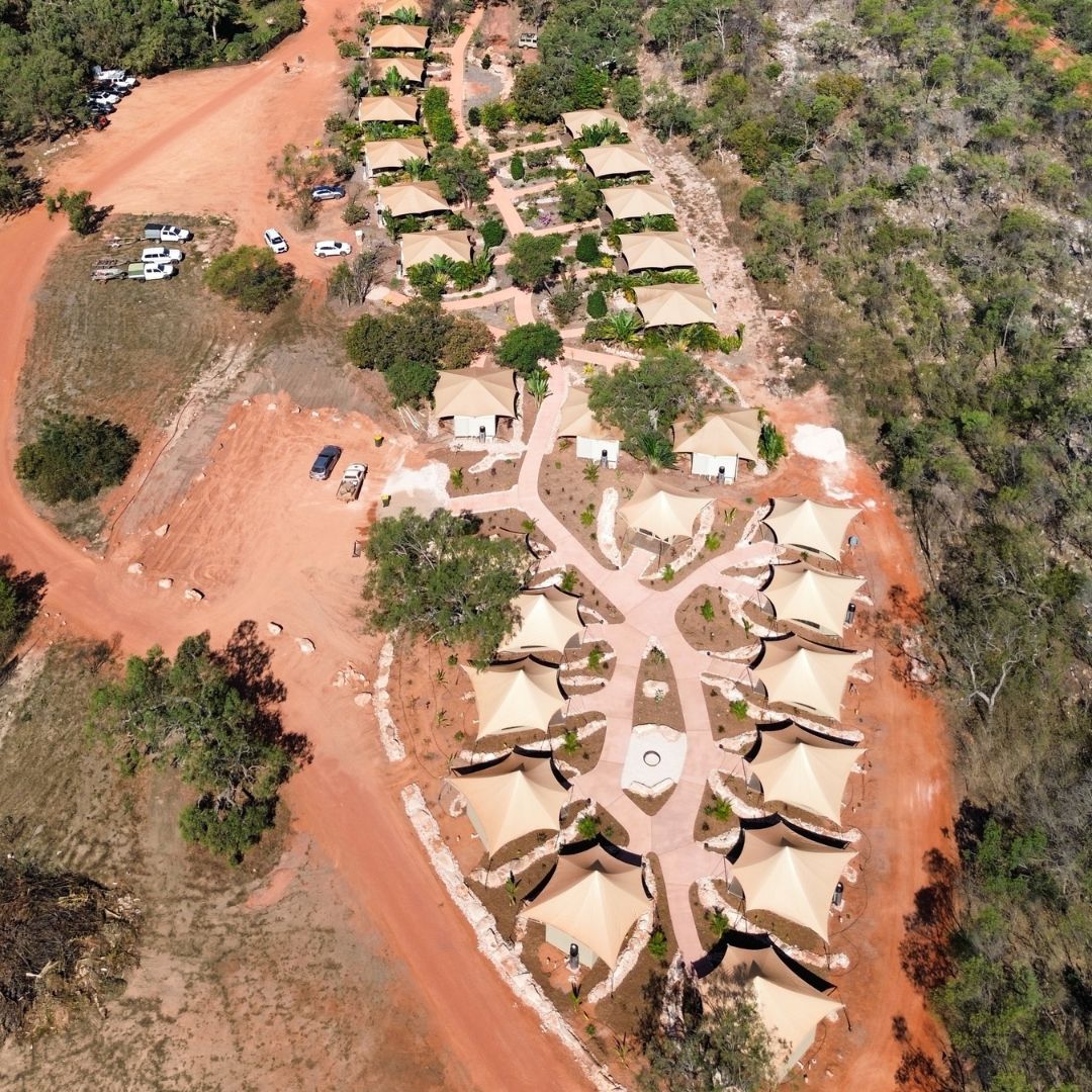 An aerial photo of our new Cygnet Bay Eco Tents.