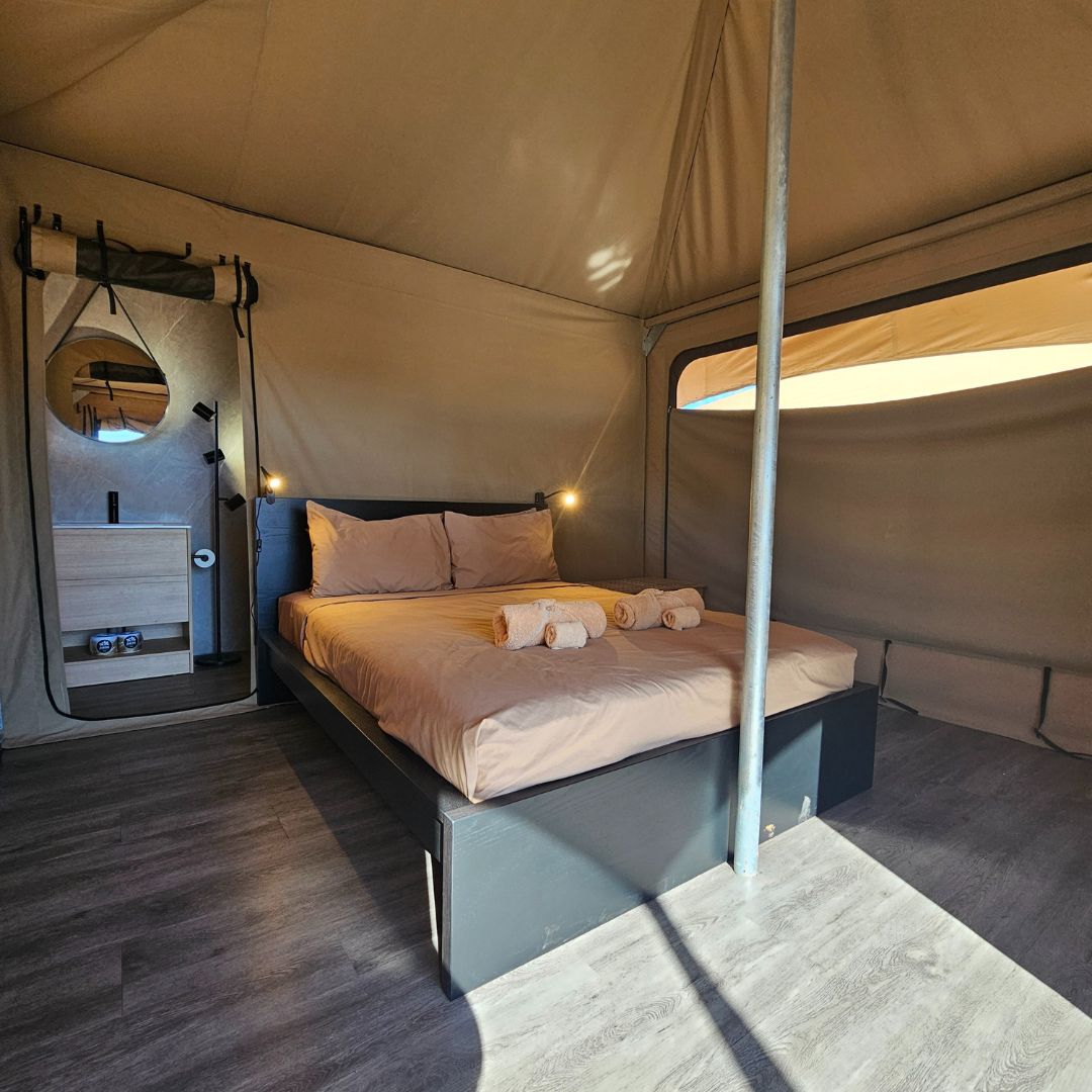 A photo of our comfortable new Eco Tent bed at our Cygnet Bay Pearl Farm