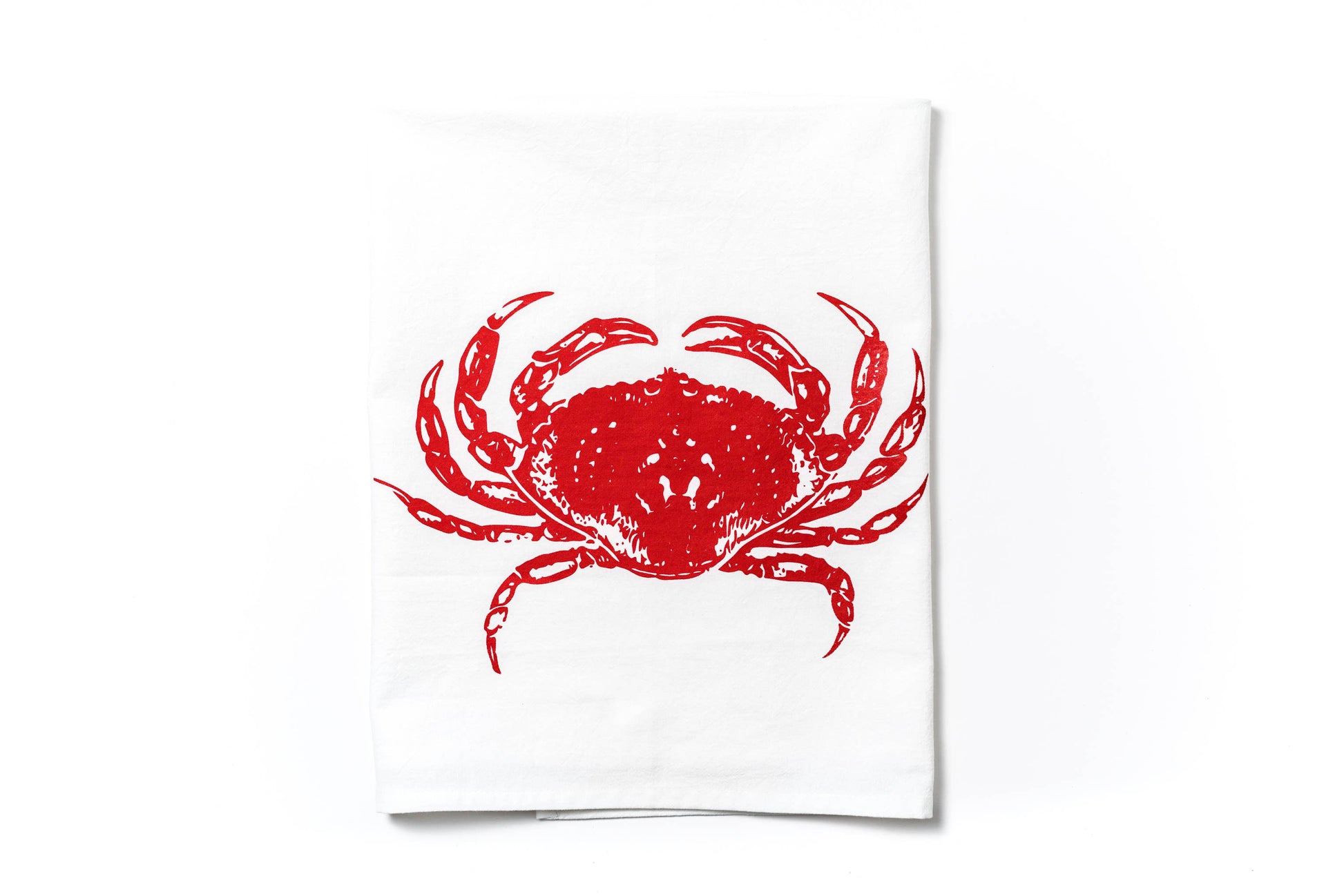 White towel with a red crab design on a white background