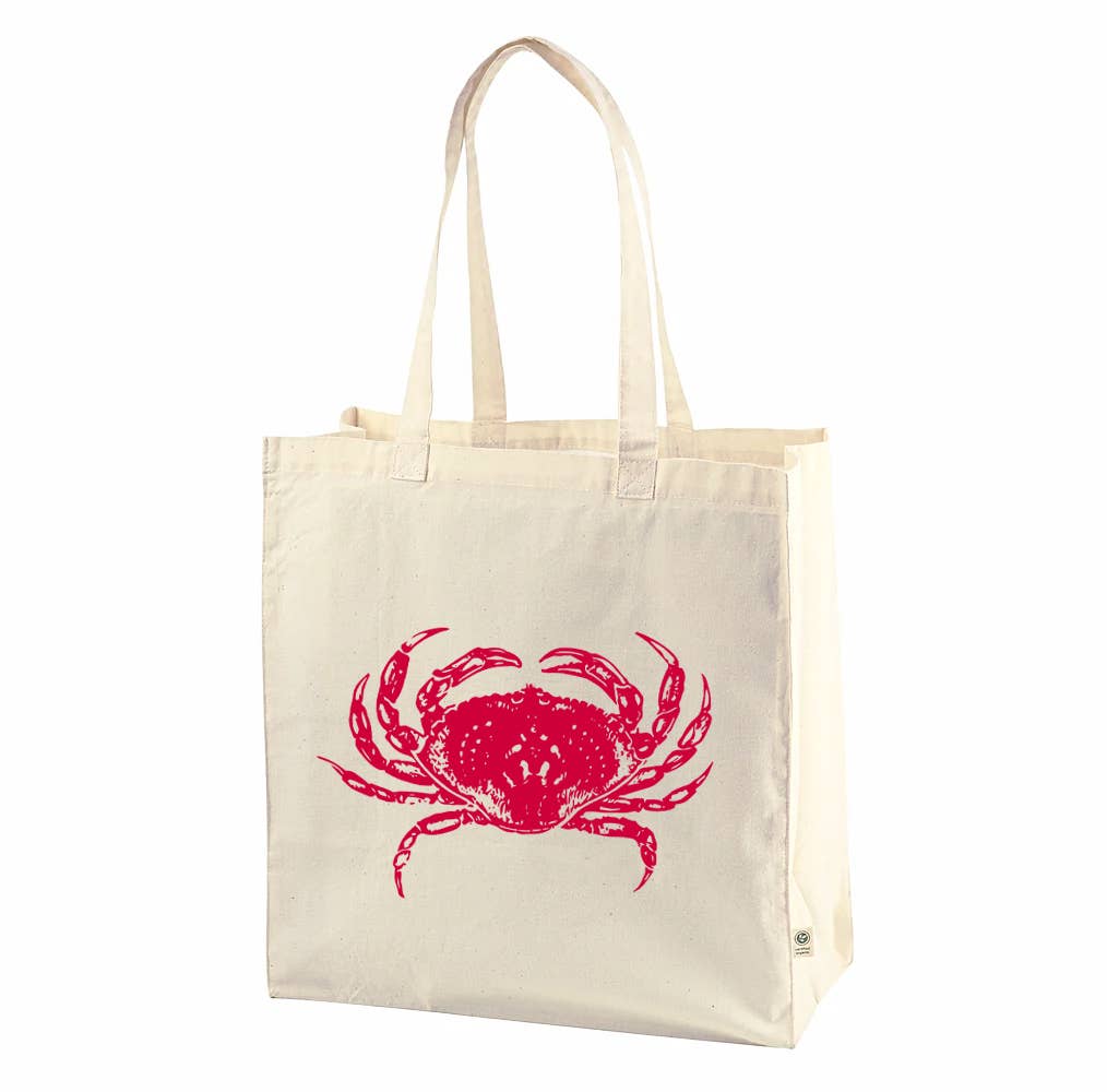 Beige tote bag with a red crab design on a white background
