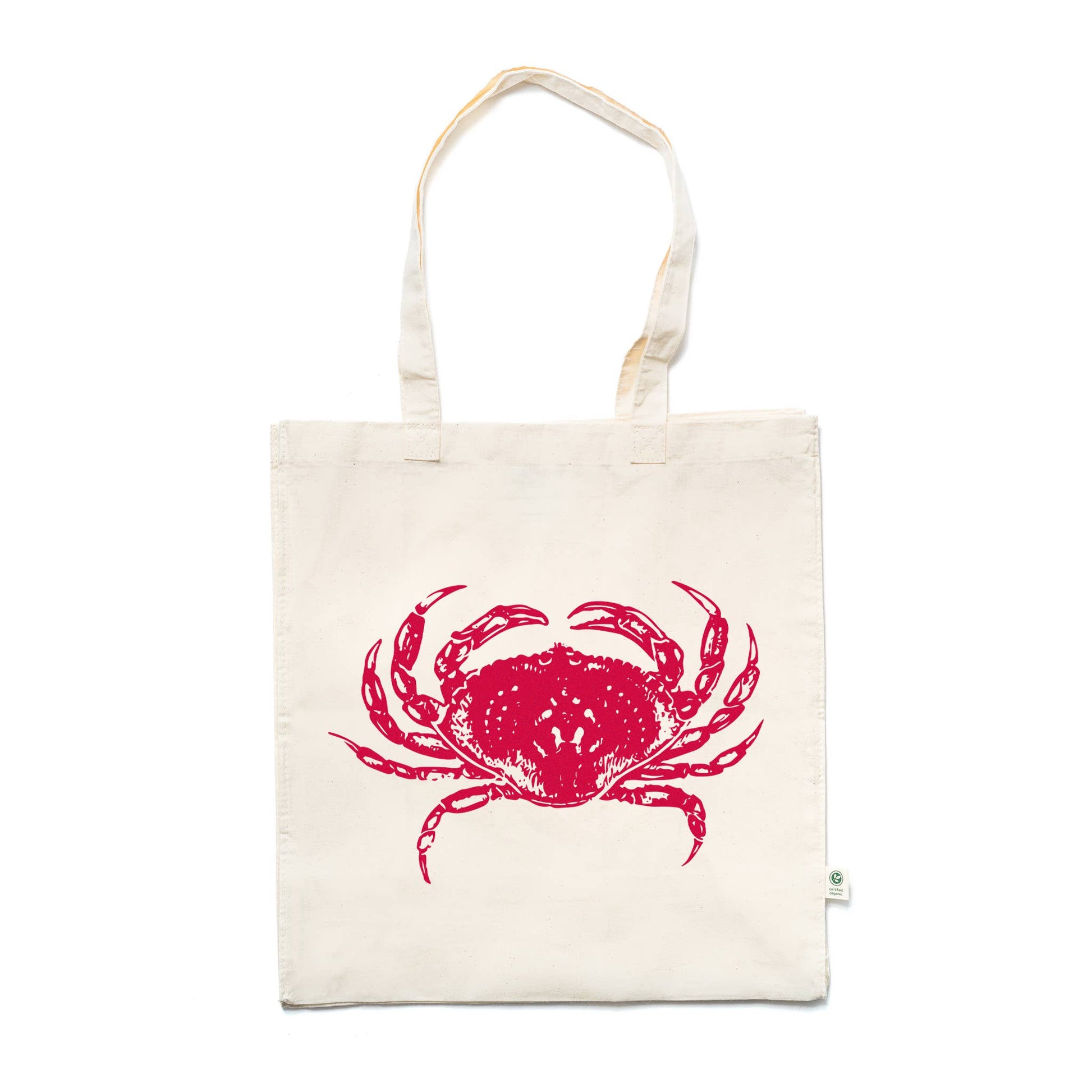 Tote bag with a red crab design on a white background
