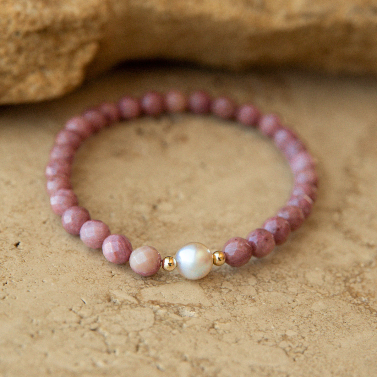 Faceted Rhodonite Pearl Bracelet featuring our Australian Akoya pearl from our Broken Bay Pearl Farm in NSW.