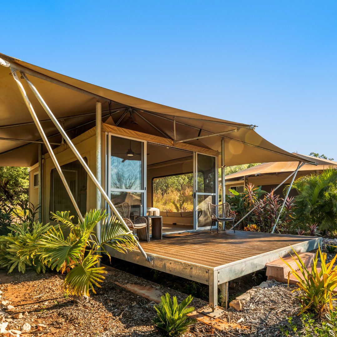 A photo of our award winning Safari Tent at our Cygnet Bay Pearl Farm on a warm, sunny day.