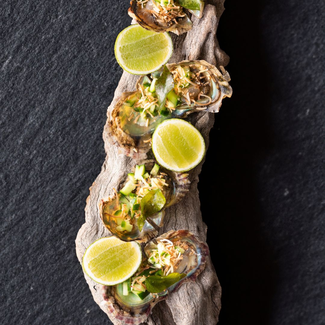 Several Australian Akoya oysters on display with some lime, ready to taste.