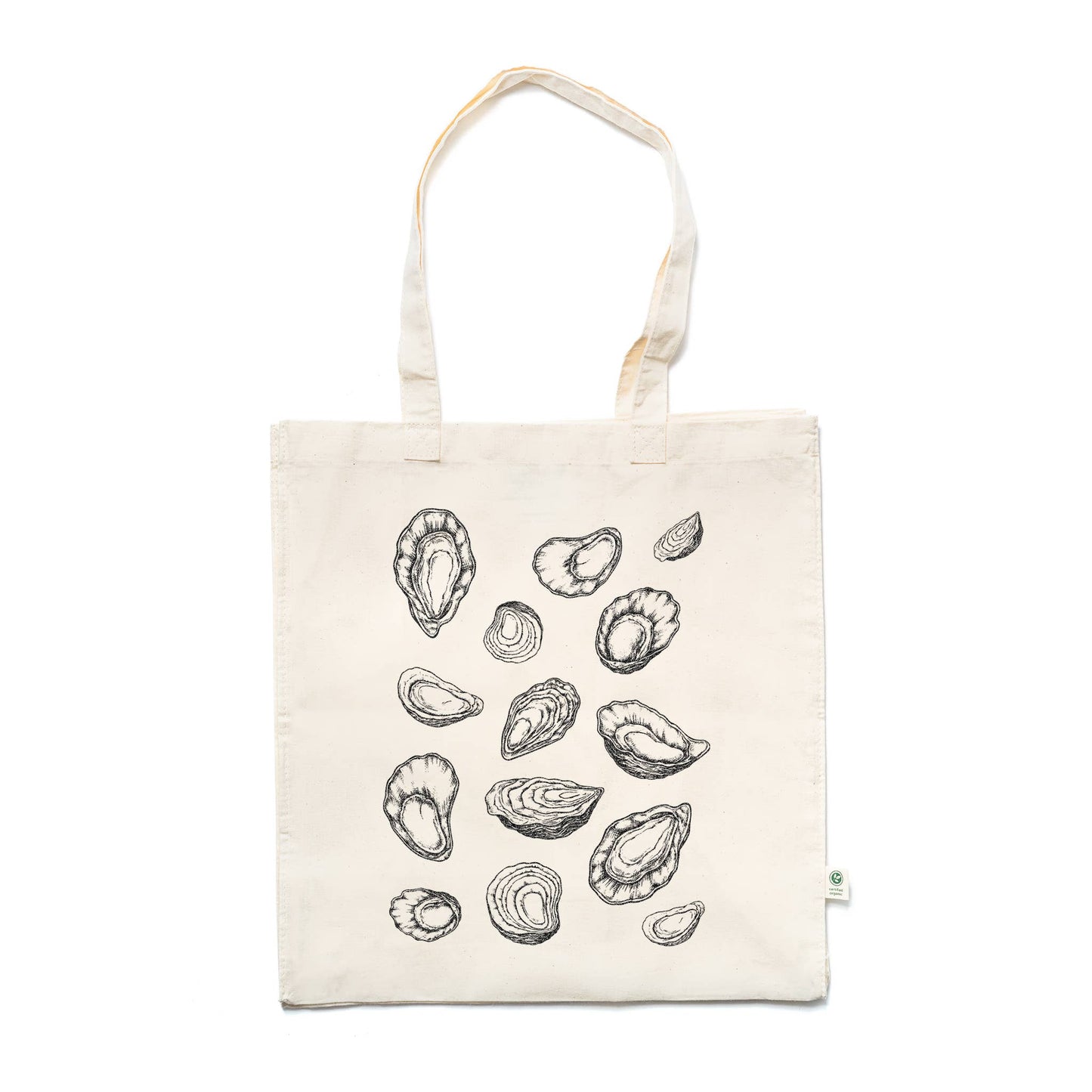 Tote bag with oyster shell design on a white background