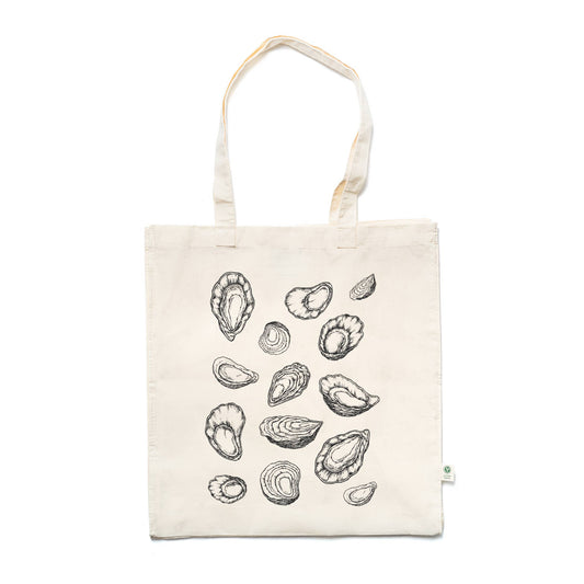 Tote bag with oyster shell design on a white background