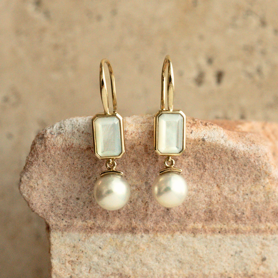 This stunning Radiance Emerald Cut & Pearl Hook Earring features faceted Mother of Pearl grown at our Cygnet Bay Pearl Farm (WA) alongside a Broken Bay (NSW) grown Australian Akoya pearl.