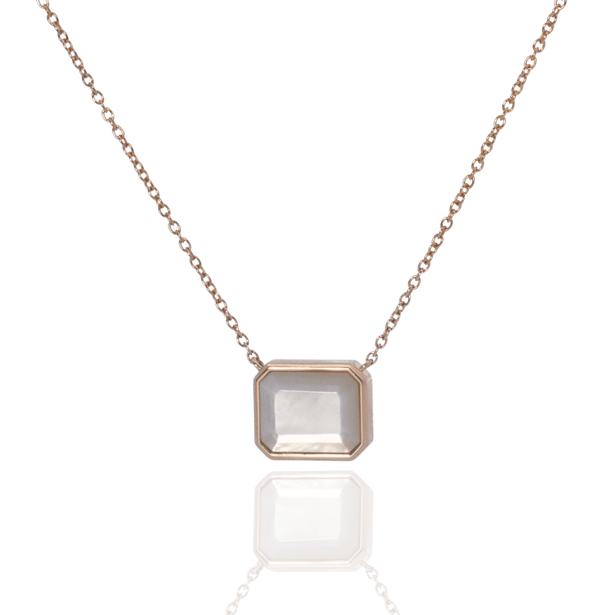 This stunning Radiance Emerald Cut Necklace features faceted Mother of Pearl grown at our Cygnet Bay Pearl Farm set on a gold chain.