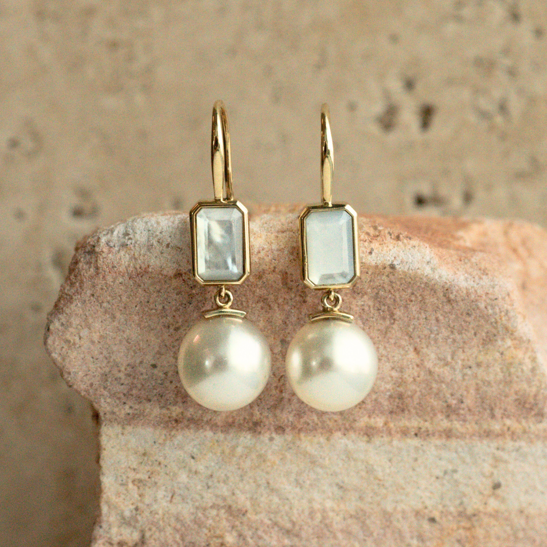 This stunning Radiance Emerald Cut & Pearl Hook Earring features faceted Mother of Pearl grown at our Cygnet Bay Pearl Farm (WA) alongside a Cygnet Bay (WA) grown Australian South Sea pearl.