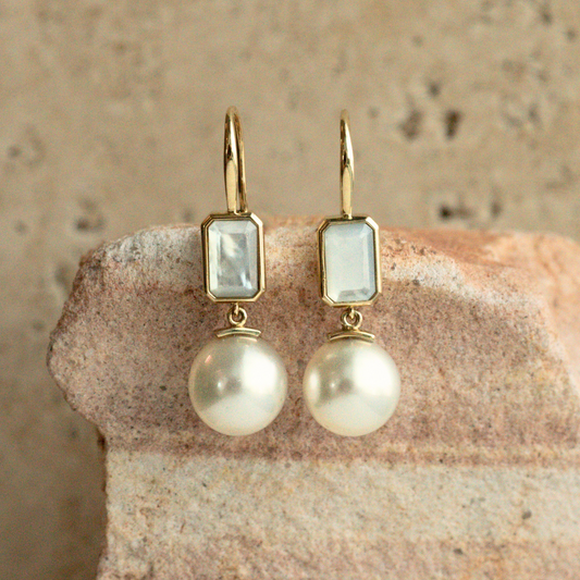 This stunning Radiance Emerald Cut & Pearl Hook Earring features faceted Mother of Pearl grown at our Cygnet Bay Pearl Farm (WA) alongside a Cygnet Bay (WA) grown Australian South Sea pearl.