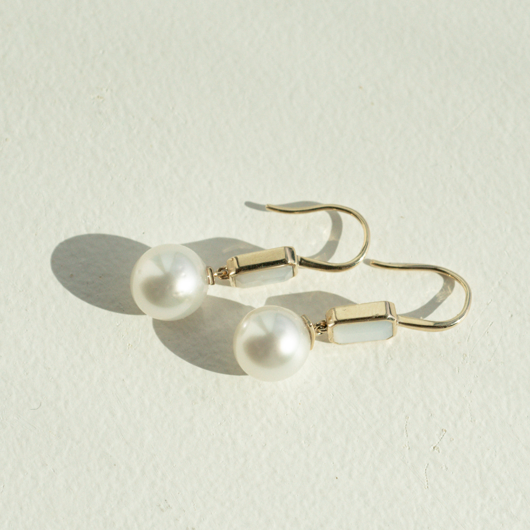 This stunning Radiance Emerald Cut & Pearl Hook Earring features faceted Mother of Pearl grown at our Cygnet Bay Pearl Farm (WA) alongside a Cygnet Bay (WA) grown Australian South Sea pearl.