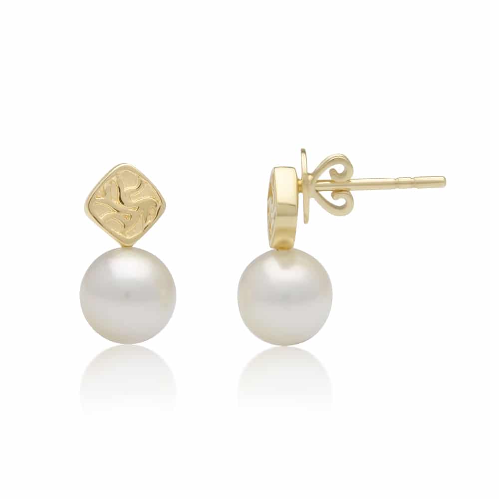 An elegant pair of Seagrass Pearl Stud Earrings featuring Broken Bay (NSW) grown Australian Akoya pearls set in yellow gold.