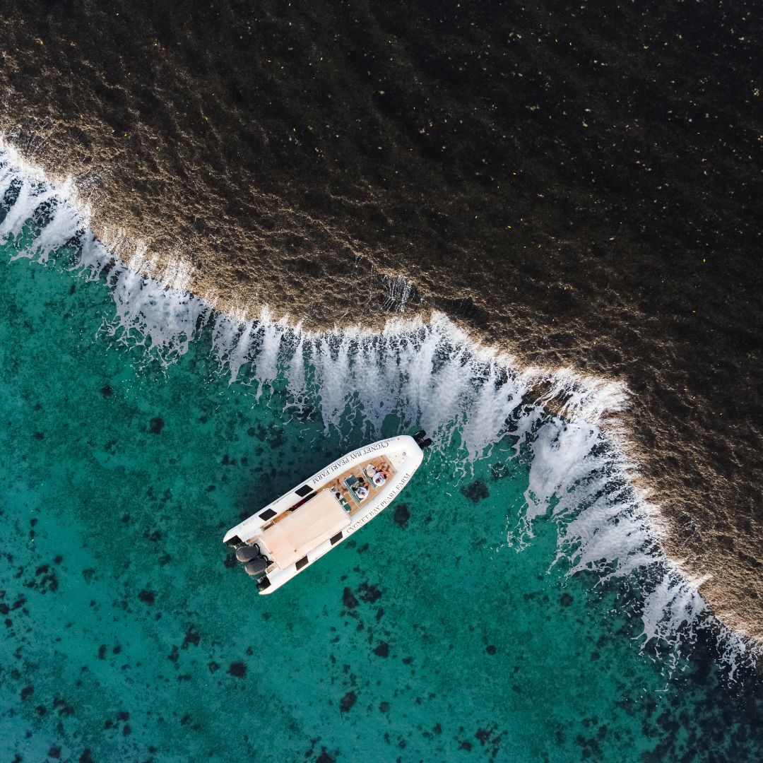 An aerial photo during our iconic Waterfall Reef Sea Safari Tour, that's unique to our Cygnet Bay Pearl Farm.