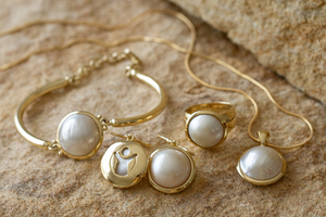 The Save the Children collection features our Australian South Sea mabe pearls that are designed in a pearl bracelet, pearl hooks, pearl pendant and pearl ring.
