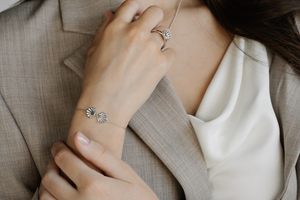 A woman wears her sterling silver jewellery pieces that feature our Cygnet Bay grown Mother of Pearl shell.