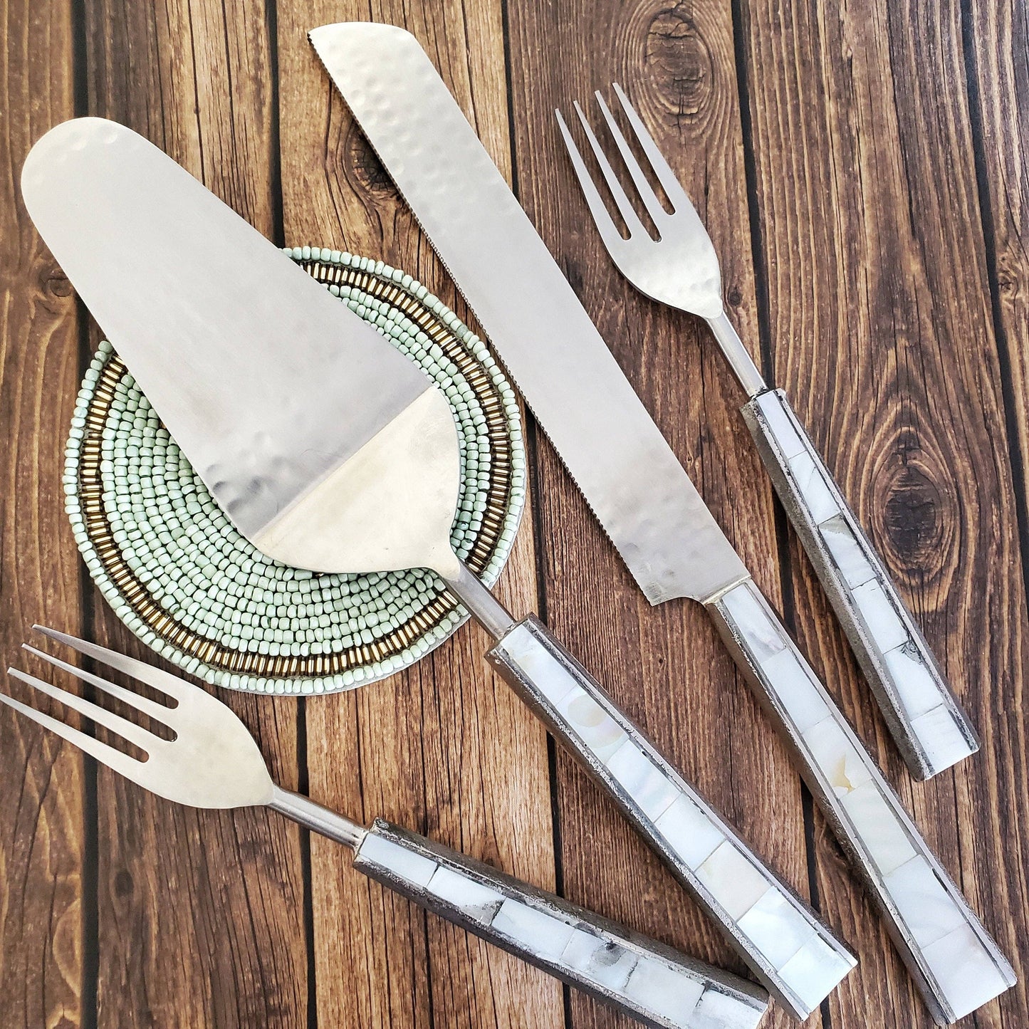 Mother of Pearl Inlay Cake Knife Set & Forks
