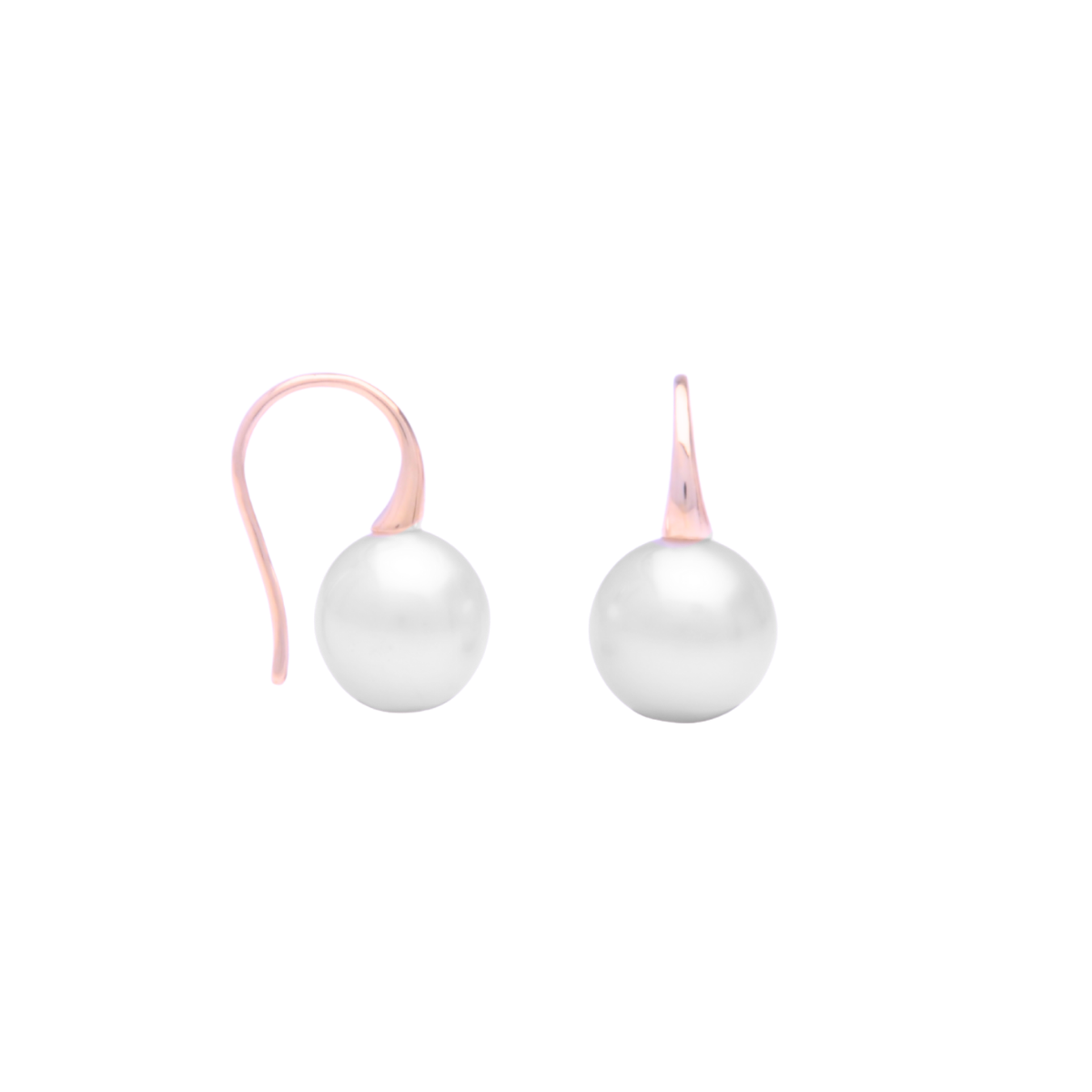 Pair of pearl earrings with rose gold hooks on a white background