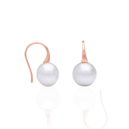 A pair of Australian South Sea pearl hook earrings set in rose gold.