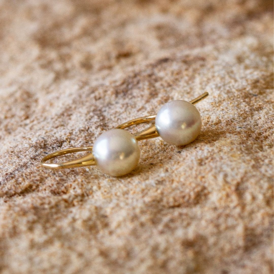 A pair of beautiful Australian Akoya pearl hook earrings shine with their natural colour and lustre.