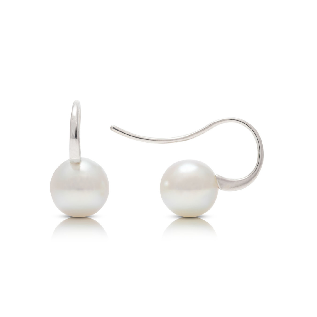 A pair of Australian Akoya pearl hook earrings set in white gold.