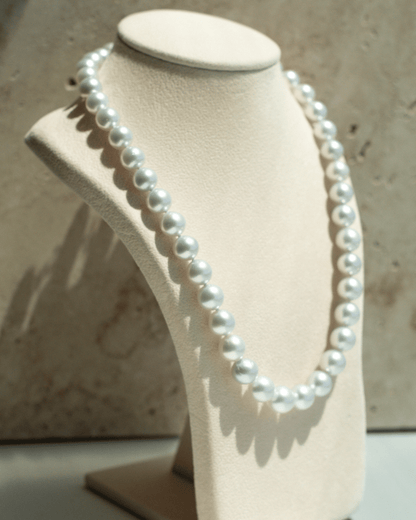 This striking Pearl Strand Necklace features forty-three (43) 9.5 to 12mm Baroque A3+ to B2+ grade Cygnet Bay (WA) grown Australian South Sea pearls. This 45cm pearl strand is set with a 18ct White Gold clasp.