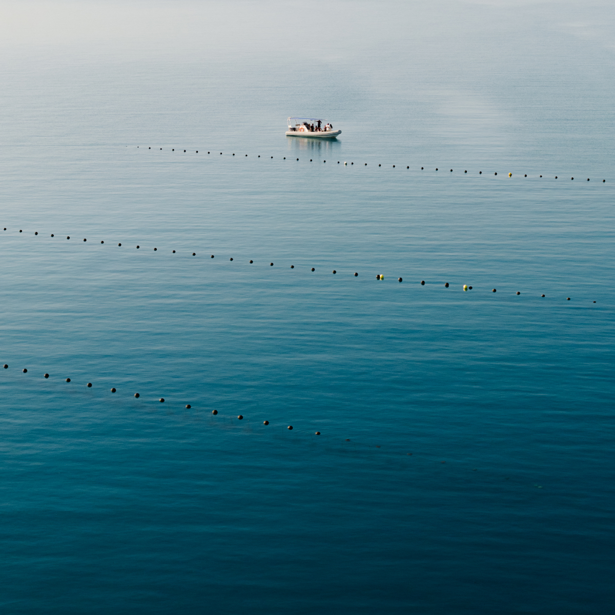 Small boat on a calm blue sea by Cygnet Bay Pearl Farm with long lines in the foreground