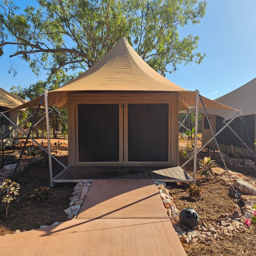 A photo of our new Cygnet Bay Pearl Farm Eco Tent on a stunning, warm Kimberley day.