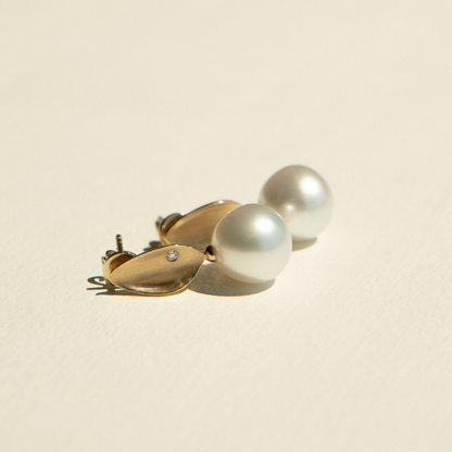 Pearl earrings with gold clasps on a beige background