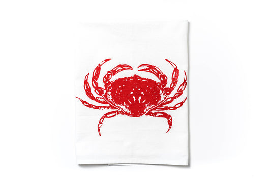 White towel with a red crab design on a white background