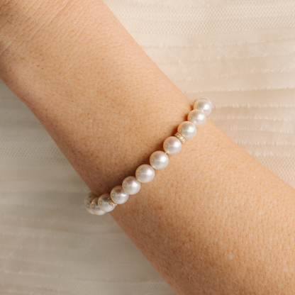 This Eternal Akoya &amp; Diamond Strand Bracelet features twenty-one (21) Broken Bay (NSW) grown 7.5mm AAA grade Australian Akoya pearl set alongside two White Diamond rondels (0.22ct H/SI).
