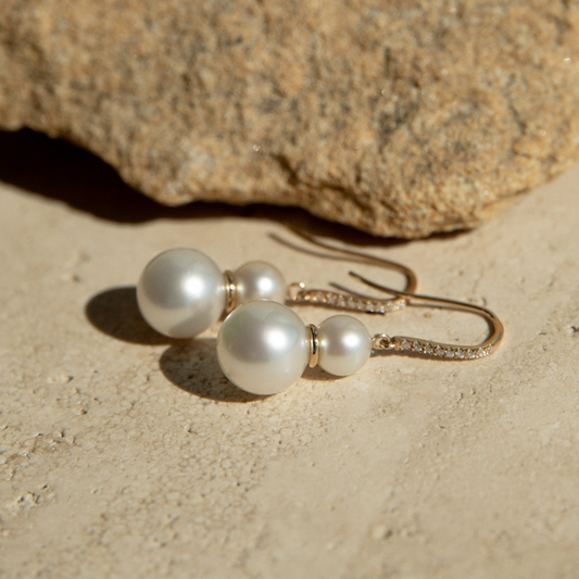 These Eternal Pearl Hooks feature both our Broken Bay (NSW) grown 7mm AAA grade Australian Akoya pearls alongside our Cygnet Bay (WA) grown 10.5mm Round A3 grade South Sea pearls complemented by a row of 18 White Diamonds in 18ct gold.