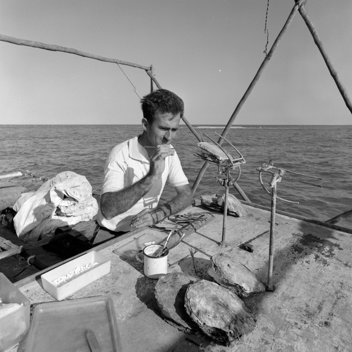 Black and white photograph of Lyndon Brown sitting on a boat at Cygnet Bay Pearl Farm working at a small table seeding pearl shell, with a Pinctada maxima on the deck, with open water in the background.