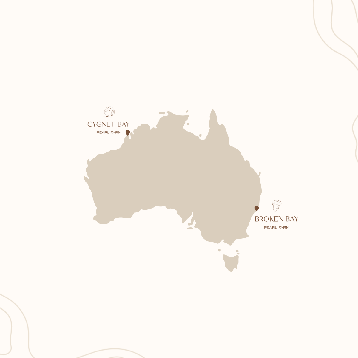 A minimalist beige map of Australia on a cream background, with labeled locations 'CYGNET BAY' and 'BROKEN BAY' and small icon markers near the respective points.