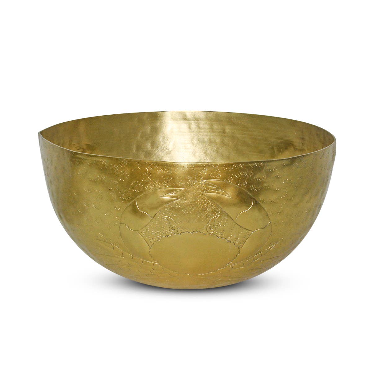 Gold bowl with embossed crab design on a white background