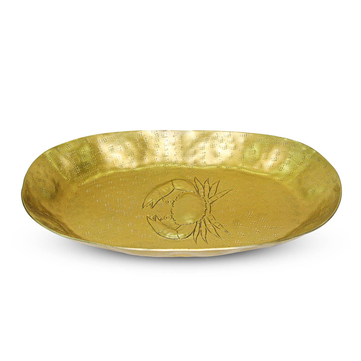 Gold decorative plate with engraved crab design on a white background