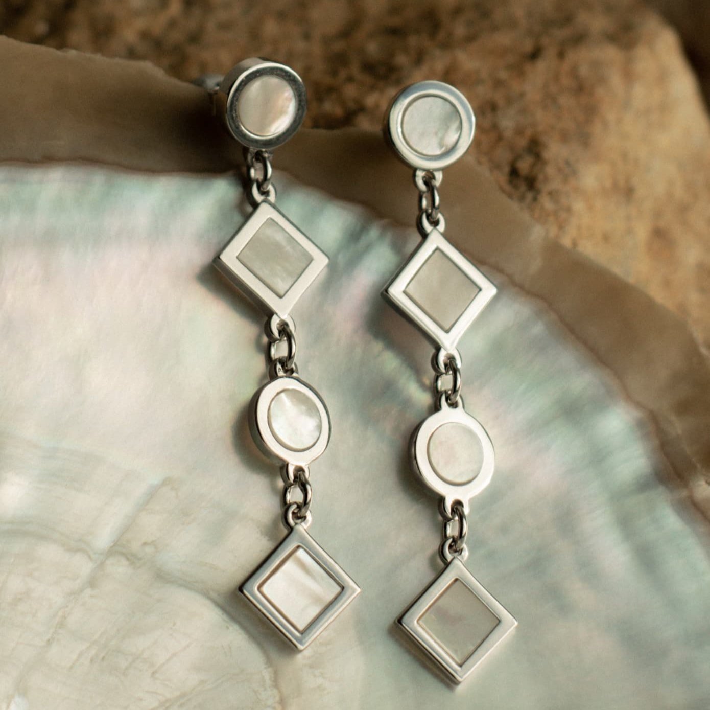 The amazing Harmony Drop Earrings features our Cygnet Bay (WA) grown Australian South Sea Mother of Pearl shell set in Sterling Silver.