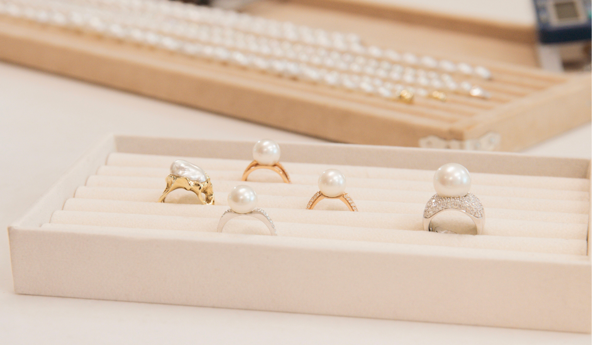 Set of pearl rings displayed at a jewellery consultation at our Perth Studio.