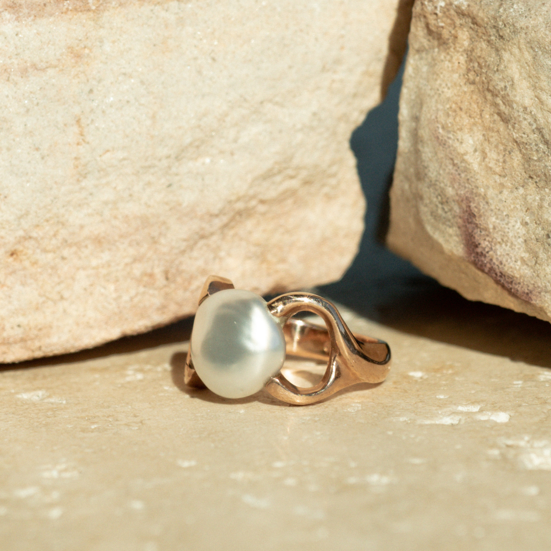 This stunning Keepsake Pearl Ring features a Cygnet Bay (WA) grown Australian South Sea Keshi pearl set in a bespoke gold design.