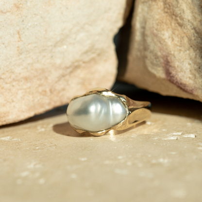 This stunning Keepsake Pearl Ring features a Cygnet Bay (WA) grown Australian South Sea Keshi pearl set in a bespoke gold design.