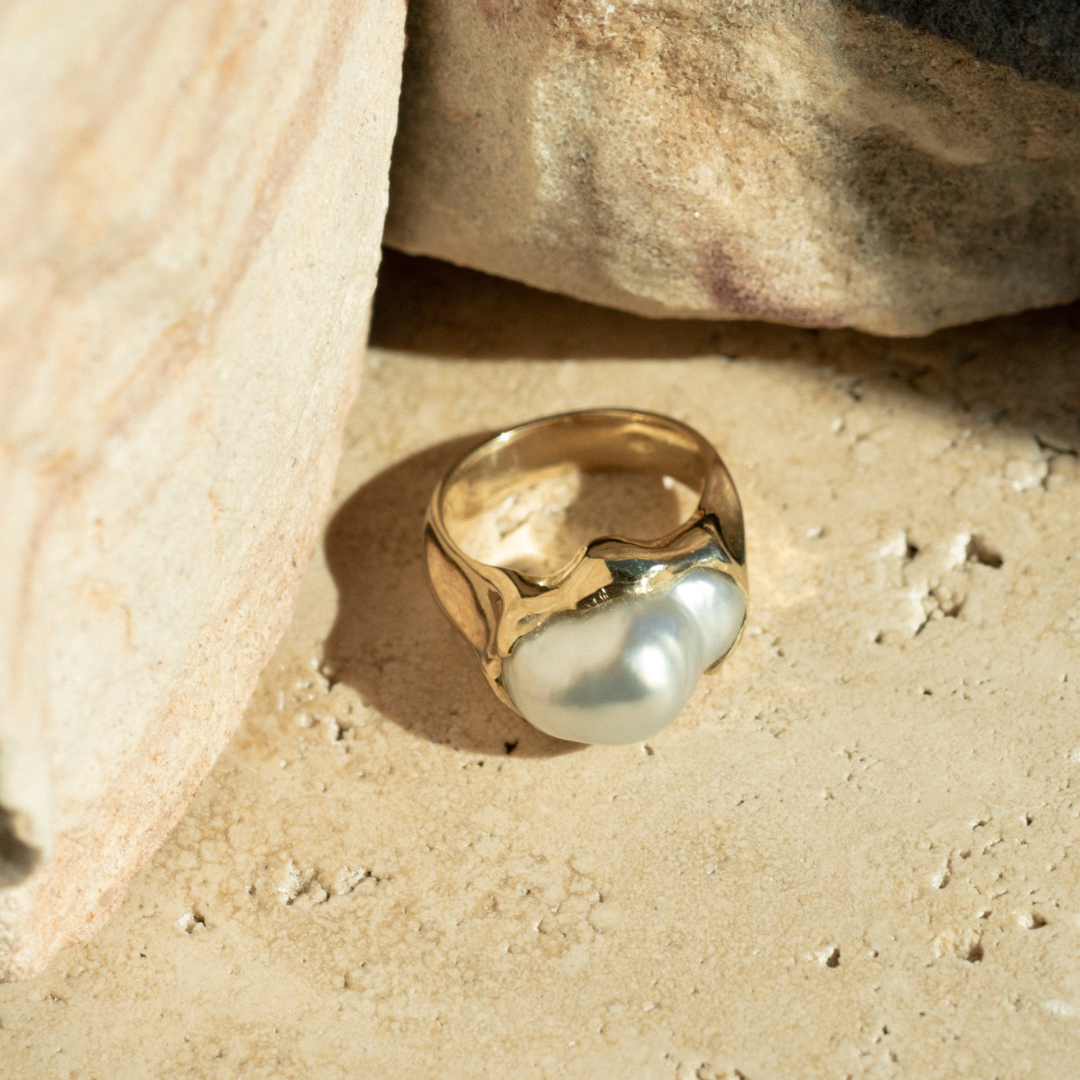 This stunning Keepsake Pearl Ring features a Cygnet Bay (WA) grown Australian South Sea Keshi pearl set in a bespoke gold design.