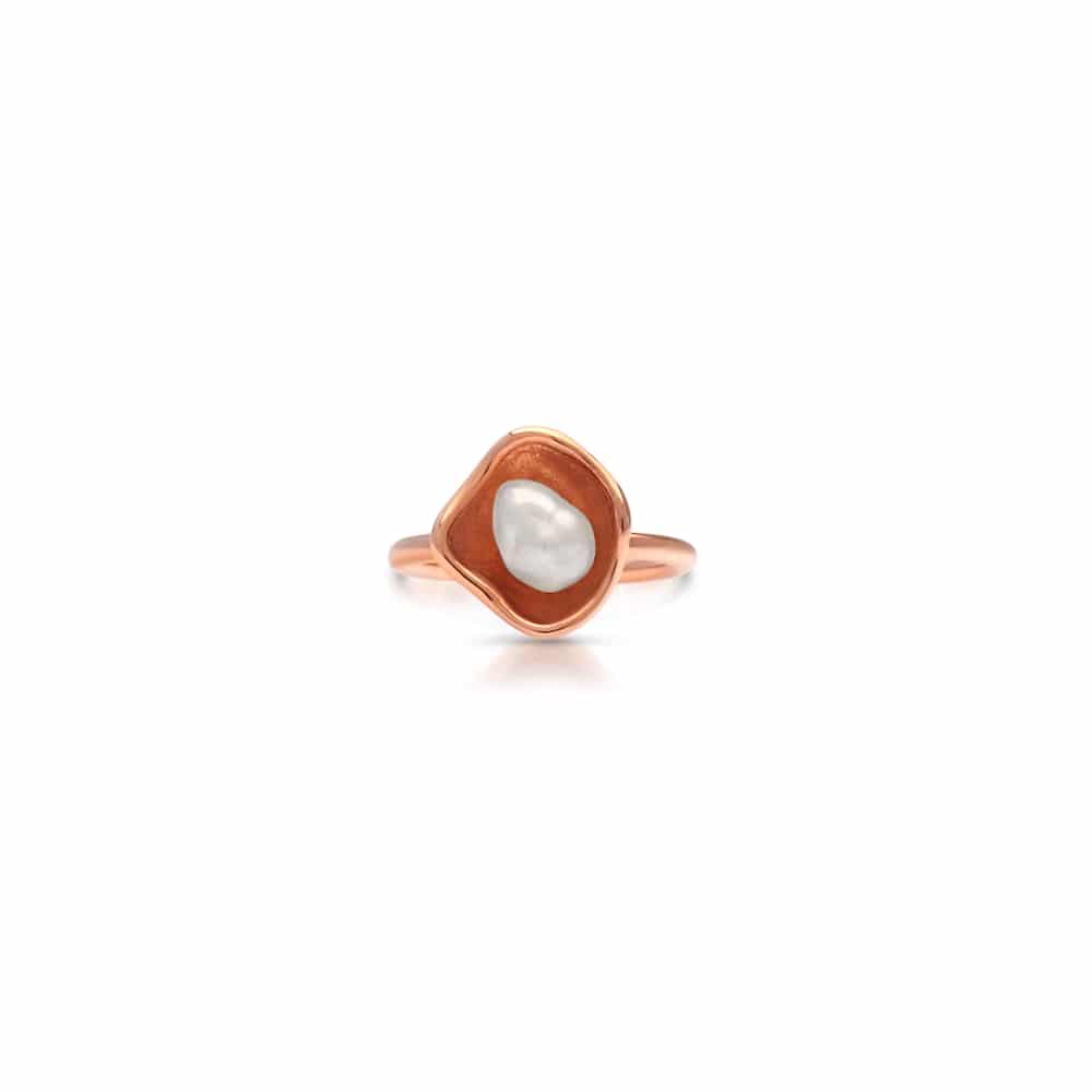 Rose gold ring with a pearl on a white background