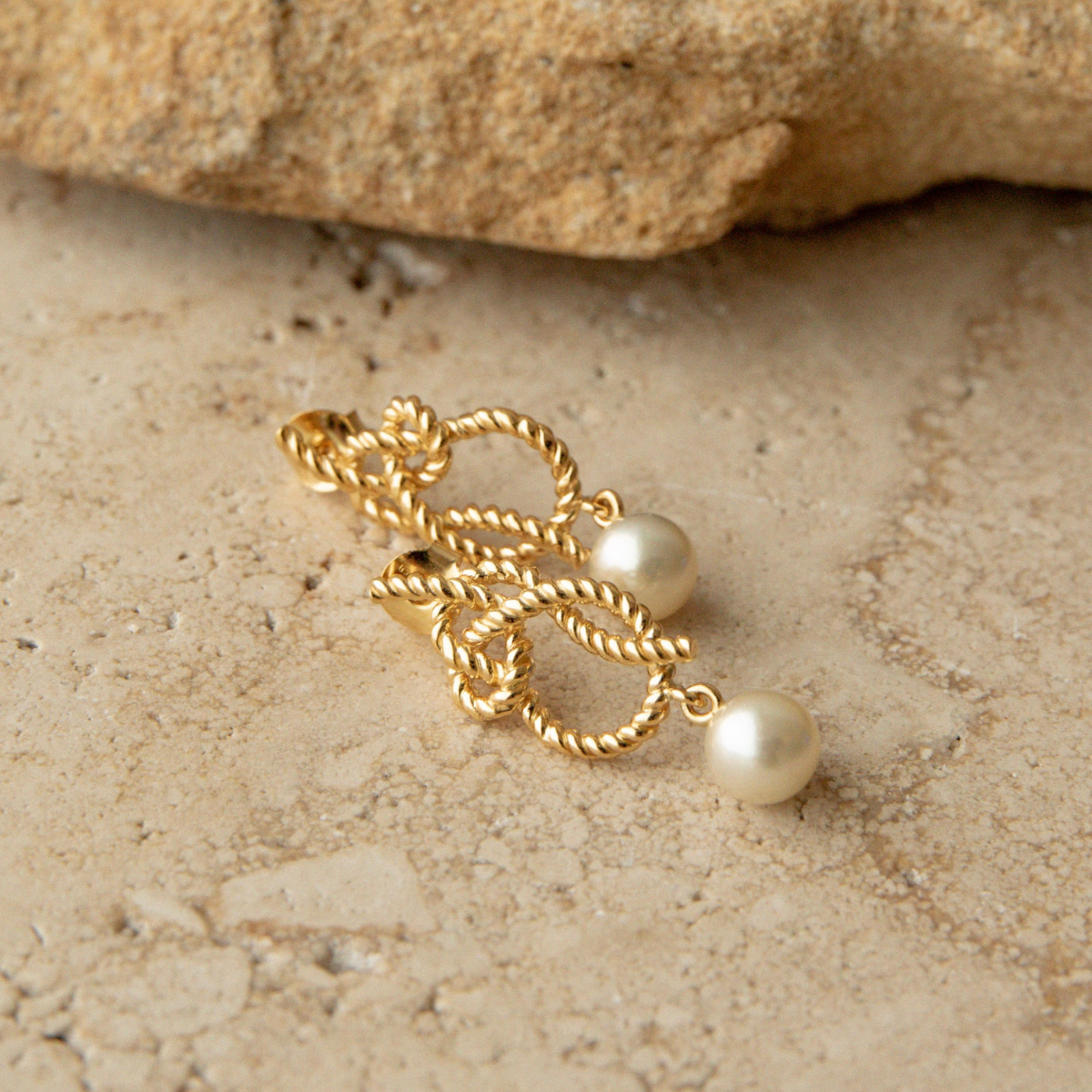 Knotted Rope Studs Australian Akoya Broken Bay Akoya 7.5mm AA Gold Vermeil