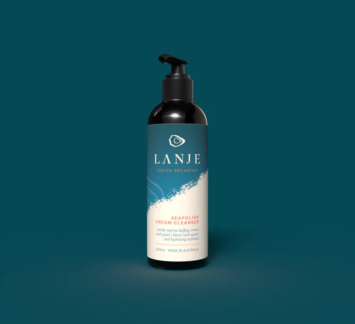Lanje Sea Polish Cream Cleanser bottle on a dark green background