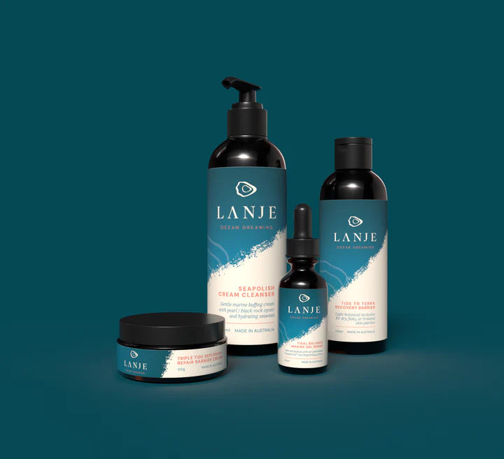 LANJE skincare products on a teal background