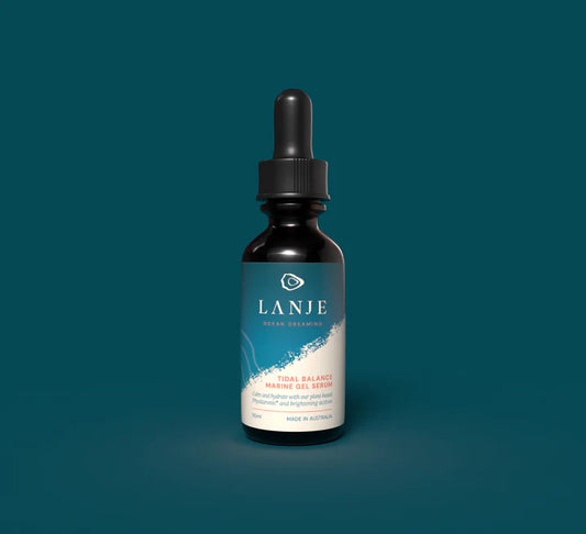 LANJE Tidal Balance Marine Gel skincare serum bottle with dropper on a teal background