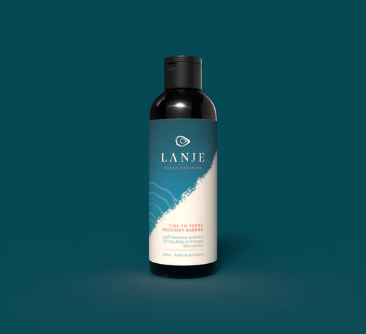 Lanje Tide to Terra Day Lotion skincare bottle on a dark green background