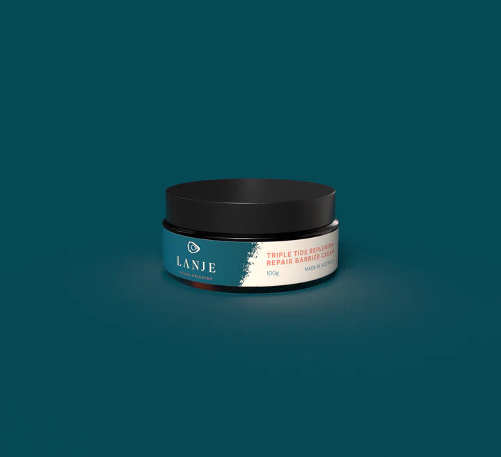 Jar of LANJE Triple Tide Night Repair Cream product on a dark teal background