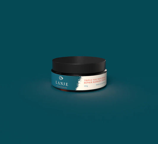 Jar of LANJE Triple Tide Night Repair Cream product on a dark teal background