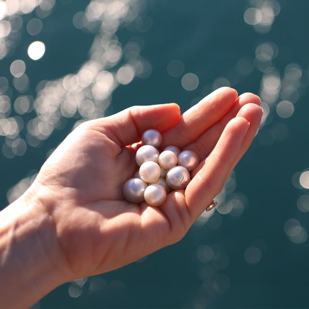 A handful of beautiful, Australian South Sea pearls harvested at our Cygnet Bay Pearl Farm with the pristine waters that they were cultivated in glimmering in the background.